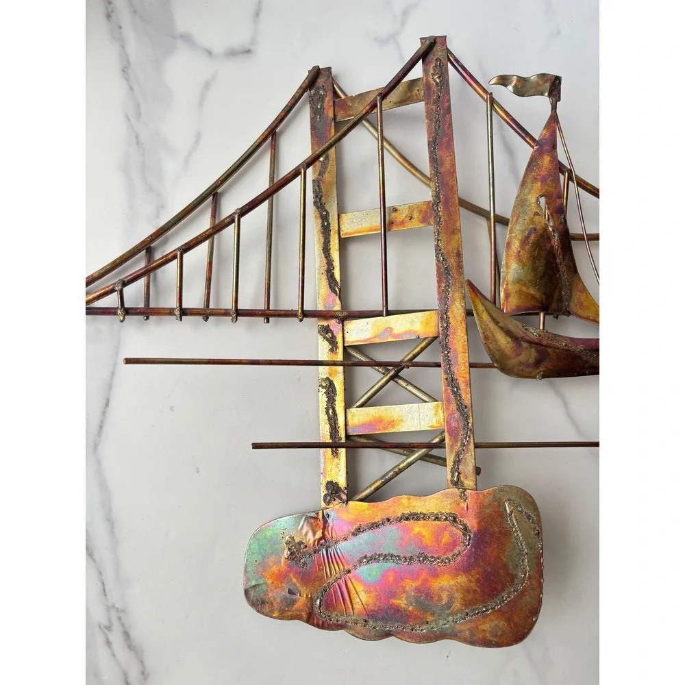Vintage‎ Brutalist Metal Wall Art Golden Gate Bridge Sailboats MCM Copper Brass